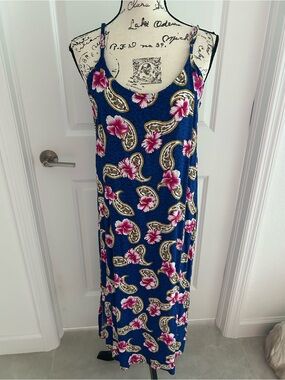 Navy Blue Paisley & Floral Midi Slip Dress with Spaghetti Straps